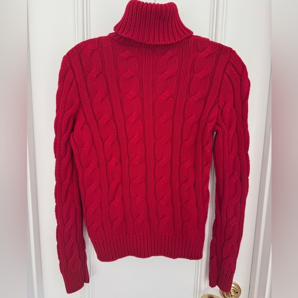 RALPH LAUREN Women's Cable Knit Turtleneck Sweater Pullover Sz M 100% Cotton Red - Picture 3 of 7